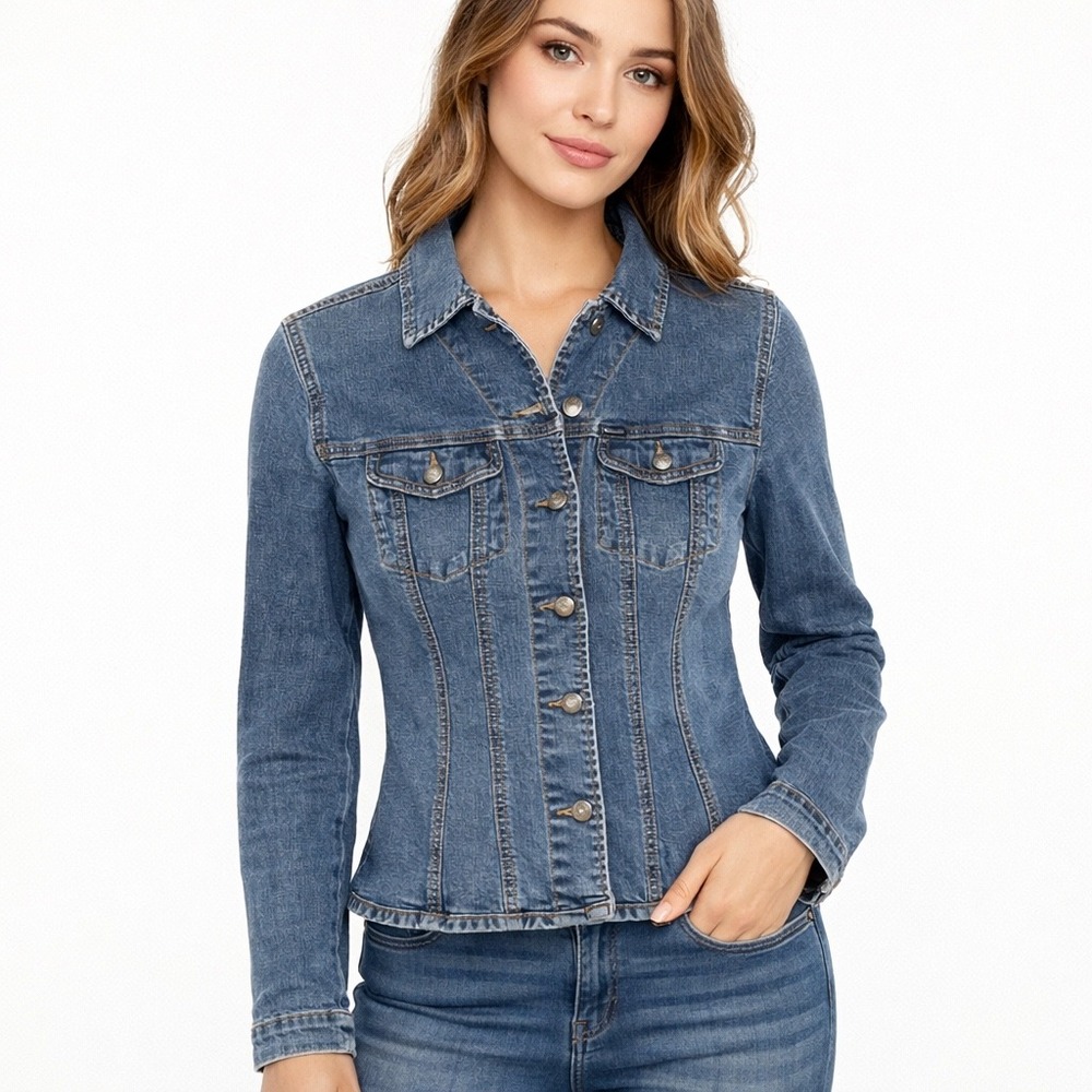 Faconnable Women's XS Blue Denim Jacket‎ Medium Wash Stretch fitted designer